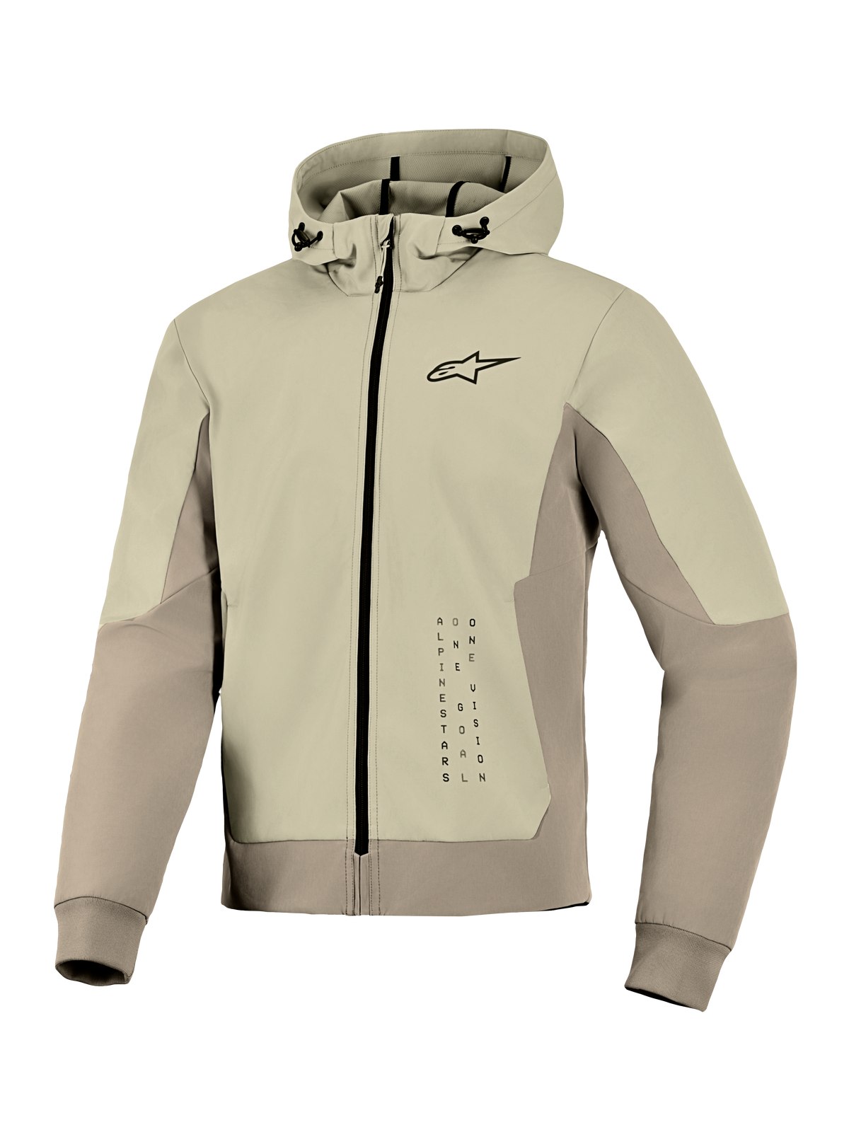 Alpinestars Radium Tech Hoodie, casaco hoodie técnico para motociclista, Mastic Aluminum, design com fecho central, logótipo pequeno no peito e grafismo vertical, estrutura corta-vento com capuz ajustável