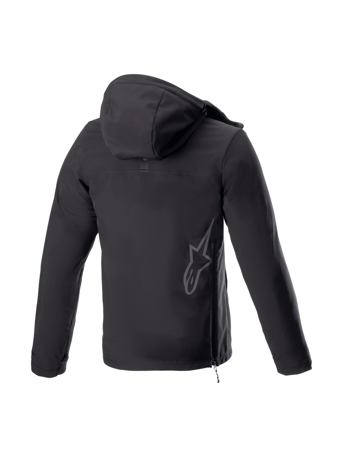 Alpinestars Sherpa Hoodie, casaco com capuz de moto urbano preto, vista traseira com logótipo refletor e fecho lateral.