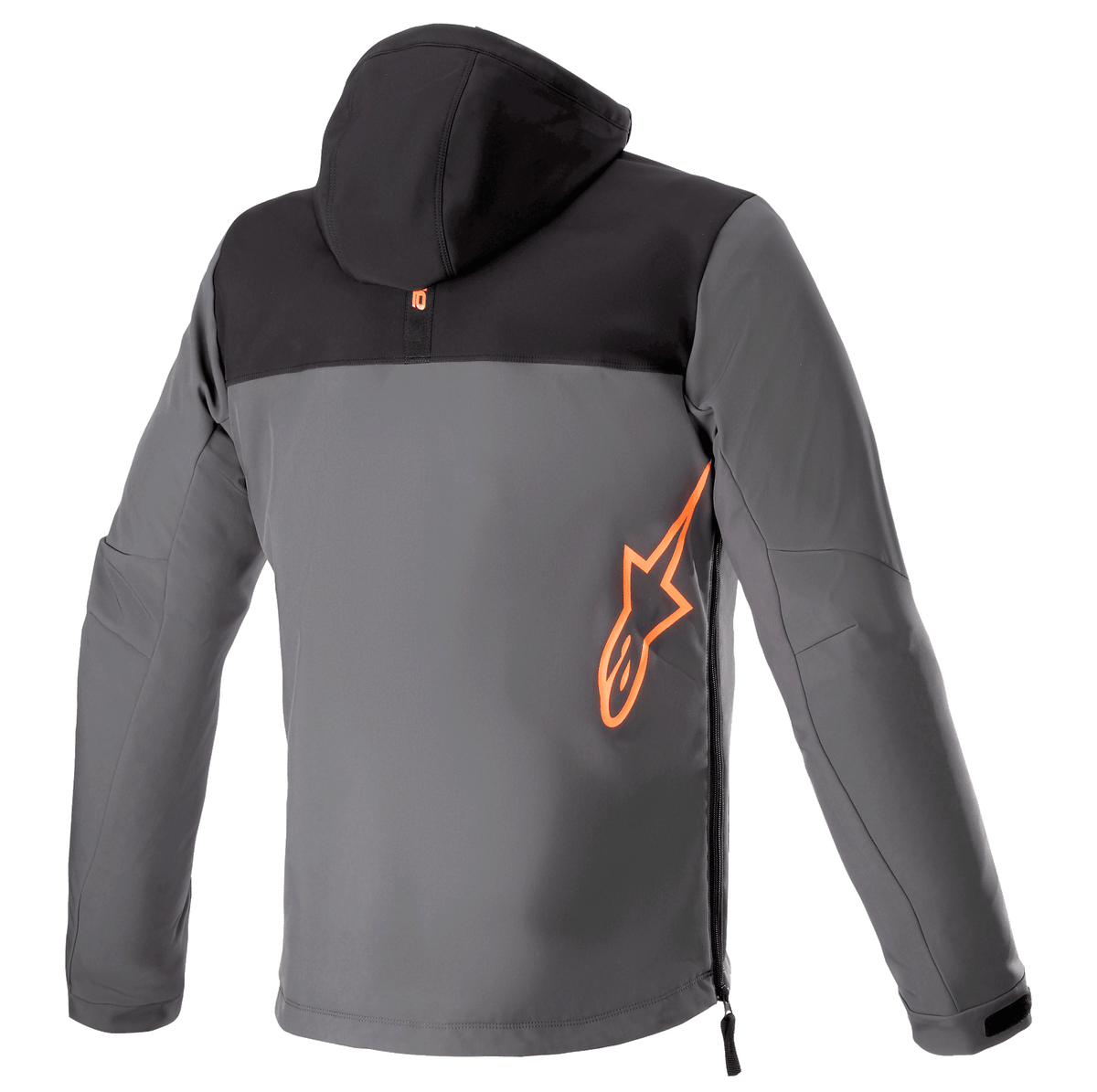 Alpinestars Sherpa Hoodie, back view, technical motorcycle jacket in Black and Gray, large fluorescent orange Alpinestars logo on the lower back, side zipper entry, softshell urban riding gear