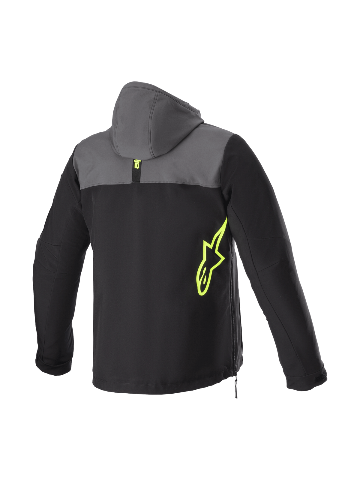 Alpinestars Casaco com Capuz Sherpa, casaco de moto urbano para homem, preto e cinzento, logótipo amarelo fluo, vista traseira.