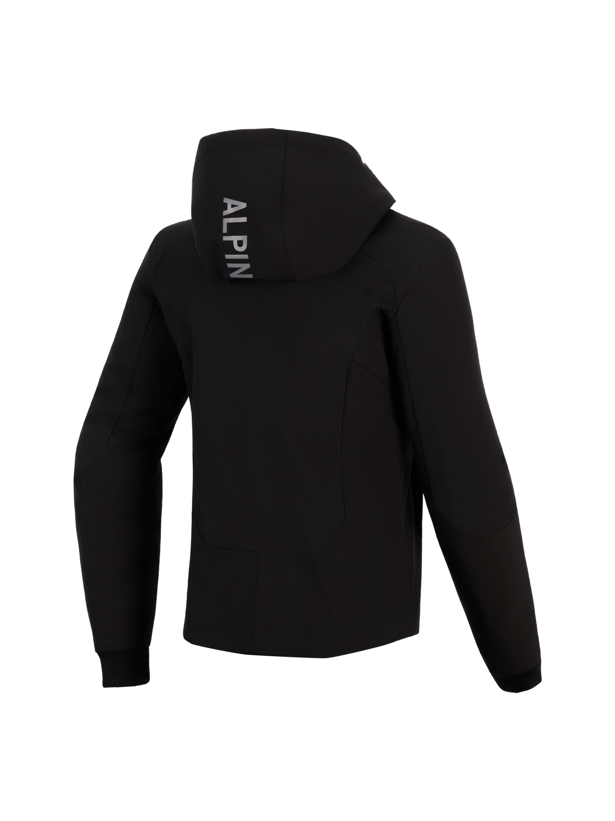 Alpinestars Woman Stella Radium Tech Hoodie, vista traseira, hoodie técnica de motociclismo preta, apresenta texto vertical 'ALPIN' no capuz, punhos elásticos canelados, equipamento de proteção para condução urbana feminina