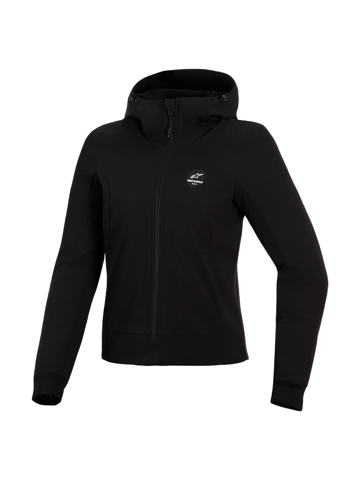 Alpinestars Stella Radium Tech Hoodie, hoodie de motociclismo para mulher, preto, estrutura técnica corta-vento de 3 camadas, vista frontal, capuz com cordões e punhos canelados, vestuário de proteção para condução urbana