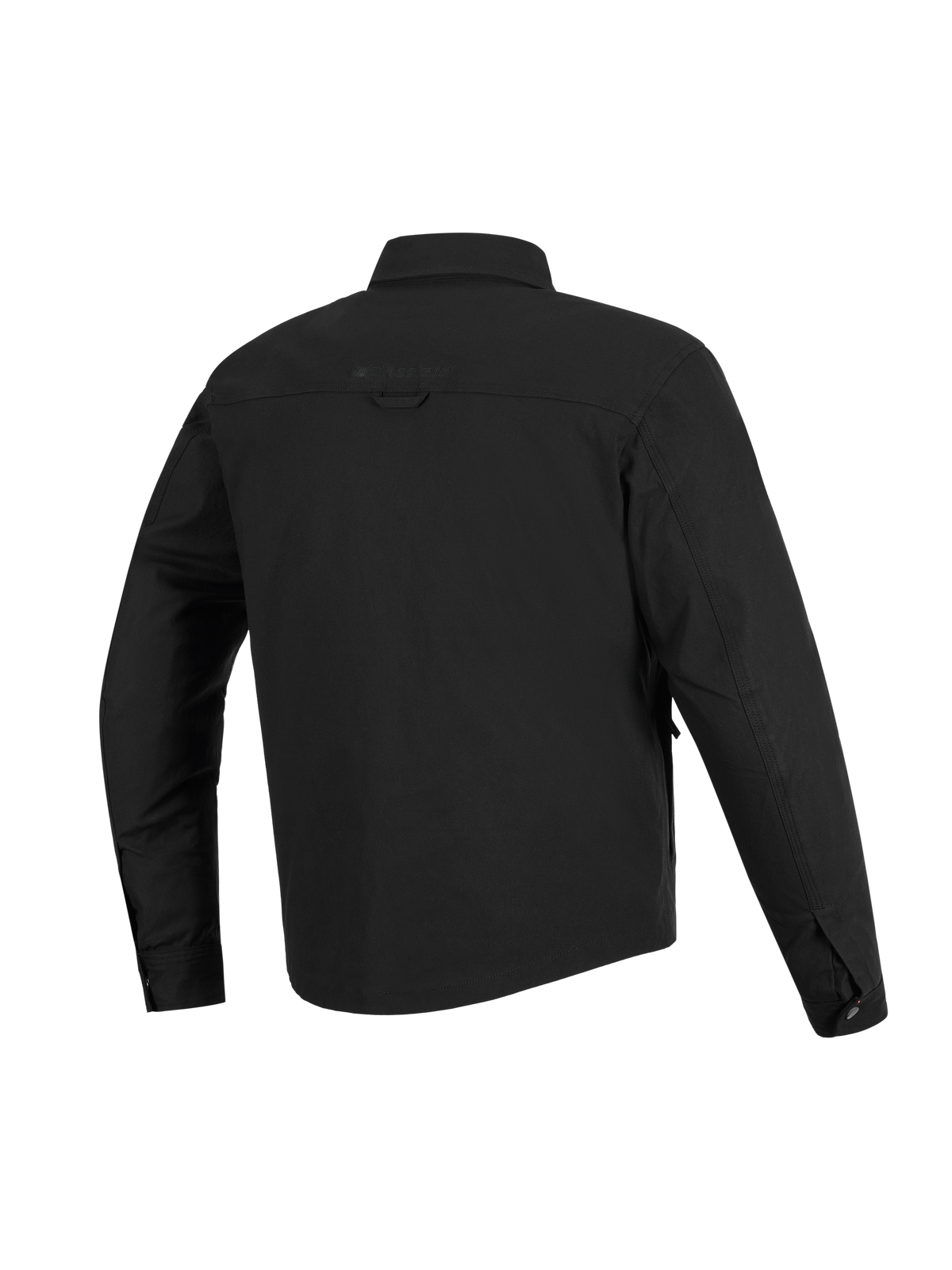 Sobrecamisa Alpinestars Bryon Resistente à Água, preta, vista traseira, com construção em lona encerada durável, encaixe horizontal nos ombros, presilha traseira para pendurar e parte traseira ligeiramente mais comprida para maior cobertura ao conduzir.