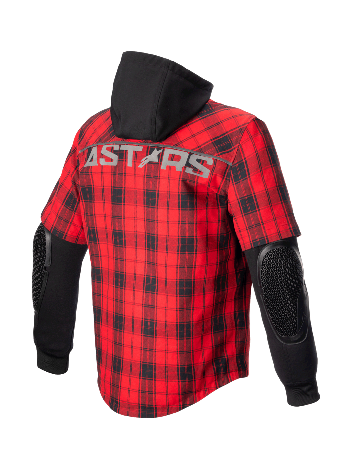 Alpinestars Camisa MO.ST.EQ Tartan, casaco de moto urbano para homem, vermelho e preto, padrão xadrez, vista traseira com logótipo Astars, capuz preto e proteções de cotovelo expostas.