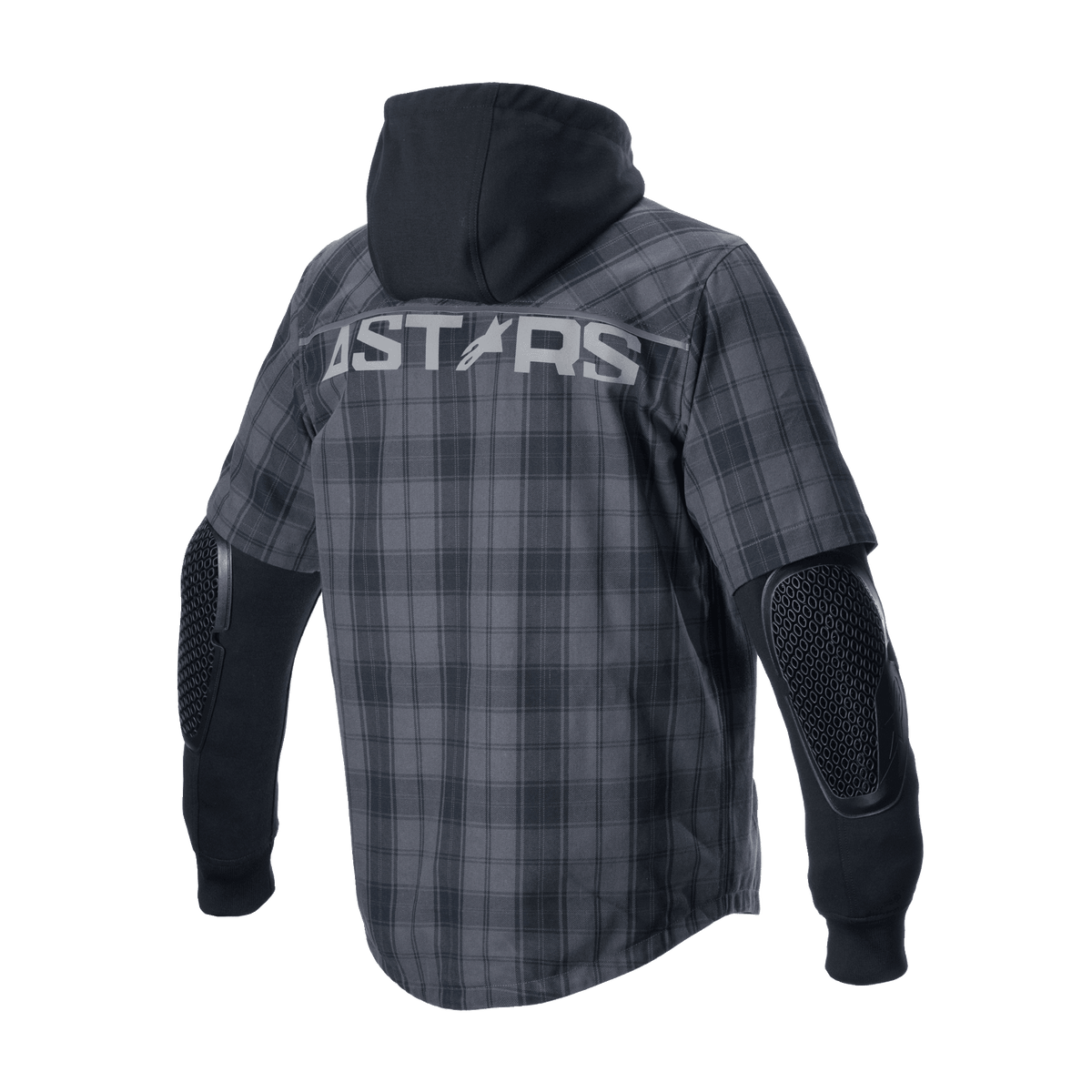 Alpinestars MO.ST.EQ Tartan Shirt, Urban Motorcycle Jacket, Tar Gray Black, back view featuring 'ASTARS' branding across the shoulders, a fixed black hood, and exposed honeycomb elbow armor on long black sleeves