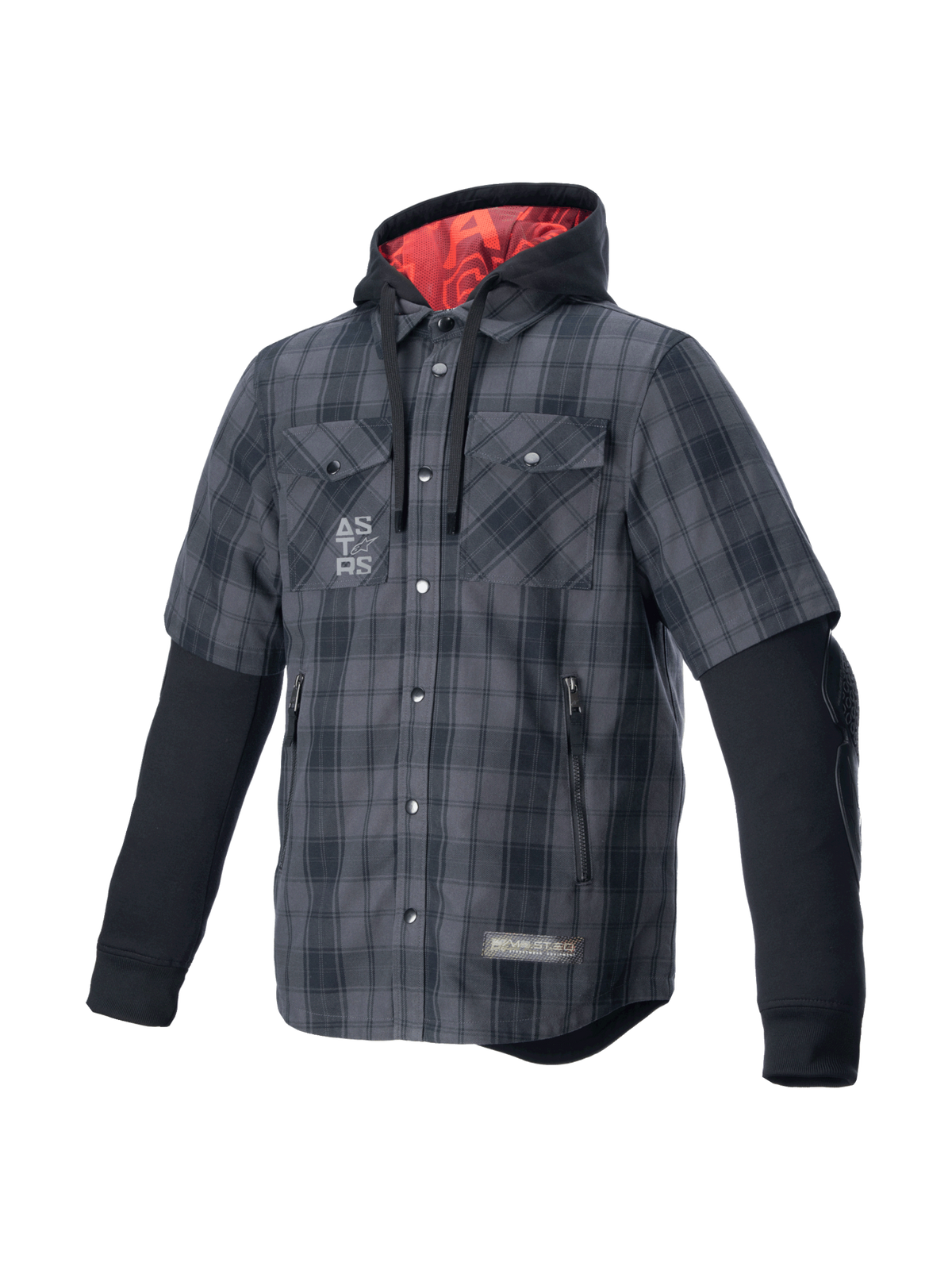 Alpinestars MO.ST.EQ Tartan Shirt, gray and black armored riding garment with a red-lined hood for urban motorcycle style.