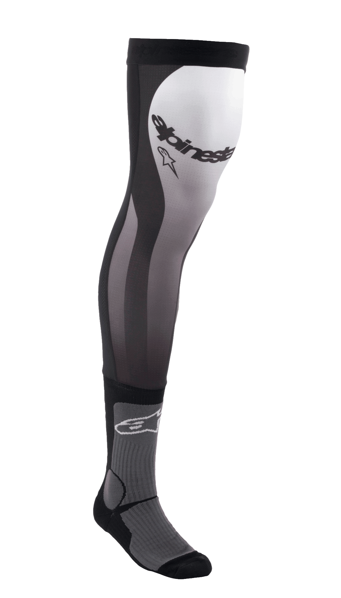 Alpinestars Knee Brace Socks, meias de motocross compridas, pretas, brancas e cinzentas, design acima do joelho com parte superior em Lycra elástica, inserções em malha, acolchoamento canelado no tornozelo e logótipo Alpinestars na coxa