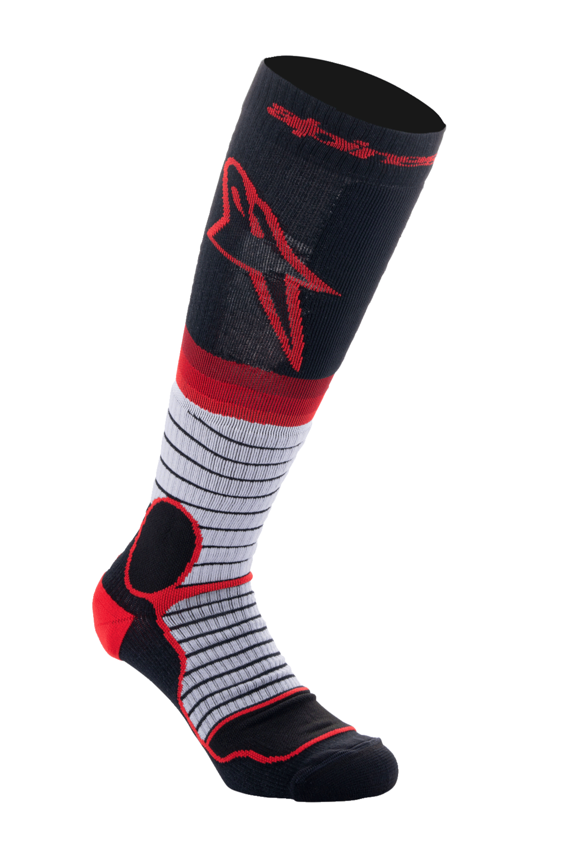 Alpinestars MX Pro Socks V2, Motocross Knee-High Socks, Black Gray and Red, featuring a red Astar logo on the upper calf, gray mid-section with thin horizontal black stripes, and reinforced red padding on the heel and ankle, moisture-wicking performance socks for off-road riding.