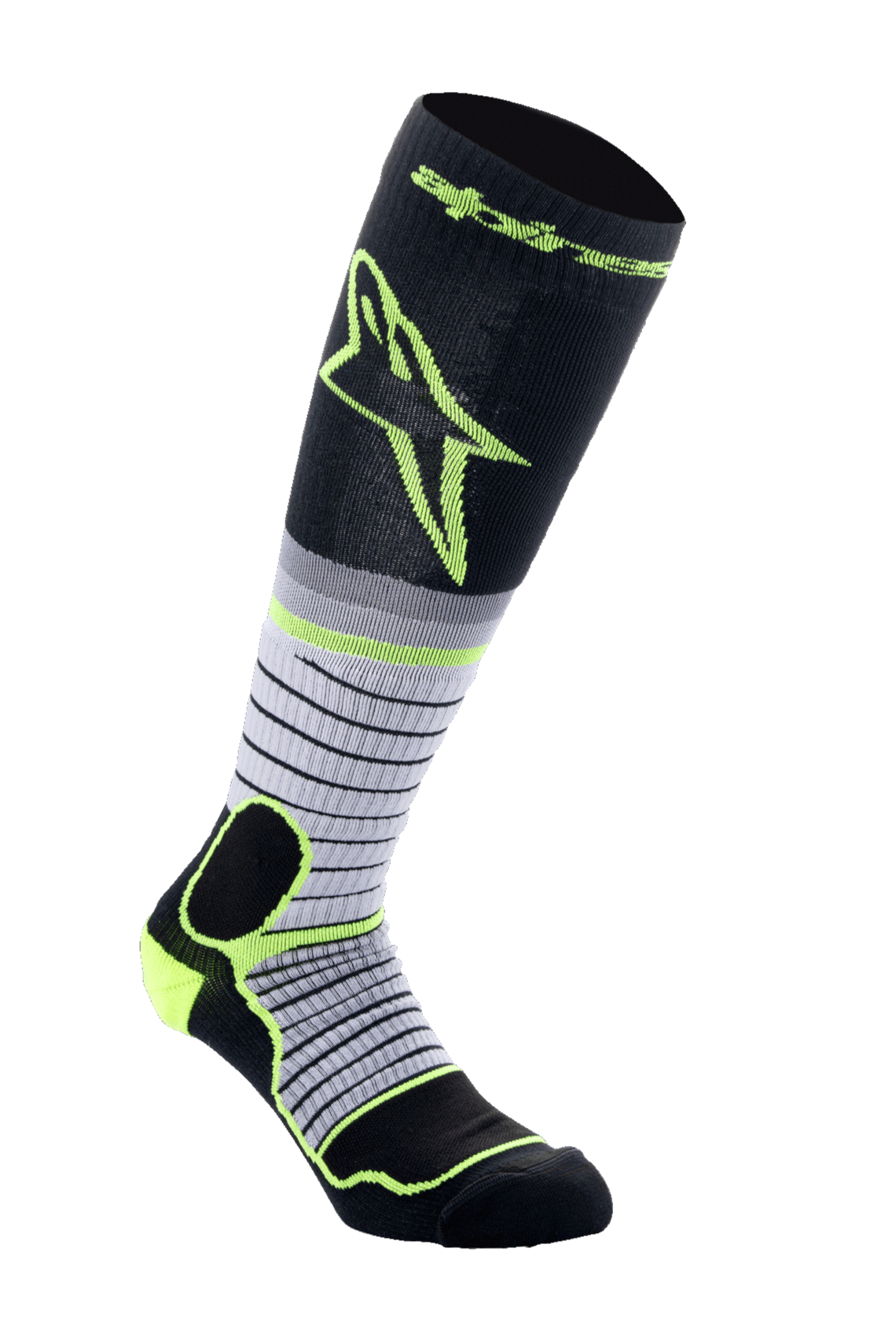 Alpinestars MX Pro Socks V2, meias de motocross, pretas, cinzentas e amarelo fluo, de cano alto com design de riscas horizontais e logótipo amarelo grande, com acolchoamento reforçado para botas de motociclismo off-road