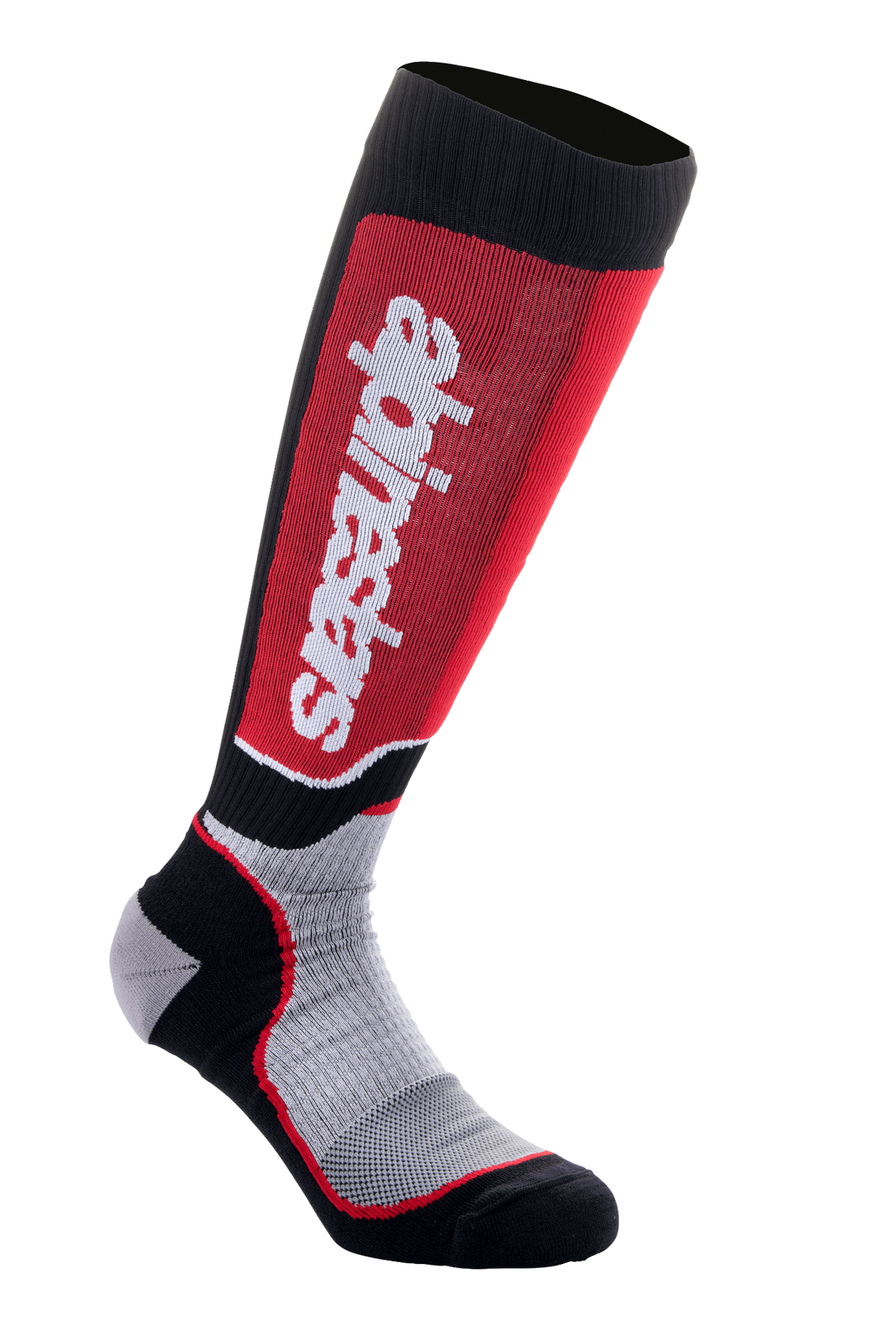 Alpinestars MX Plus Socks, Motocross Riding Socks, Black Gray and Red, featuring vertical white Alpinestars branding on a red calf panel, ribbed performance fabric, and reinforced heel and toe.