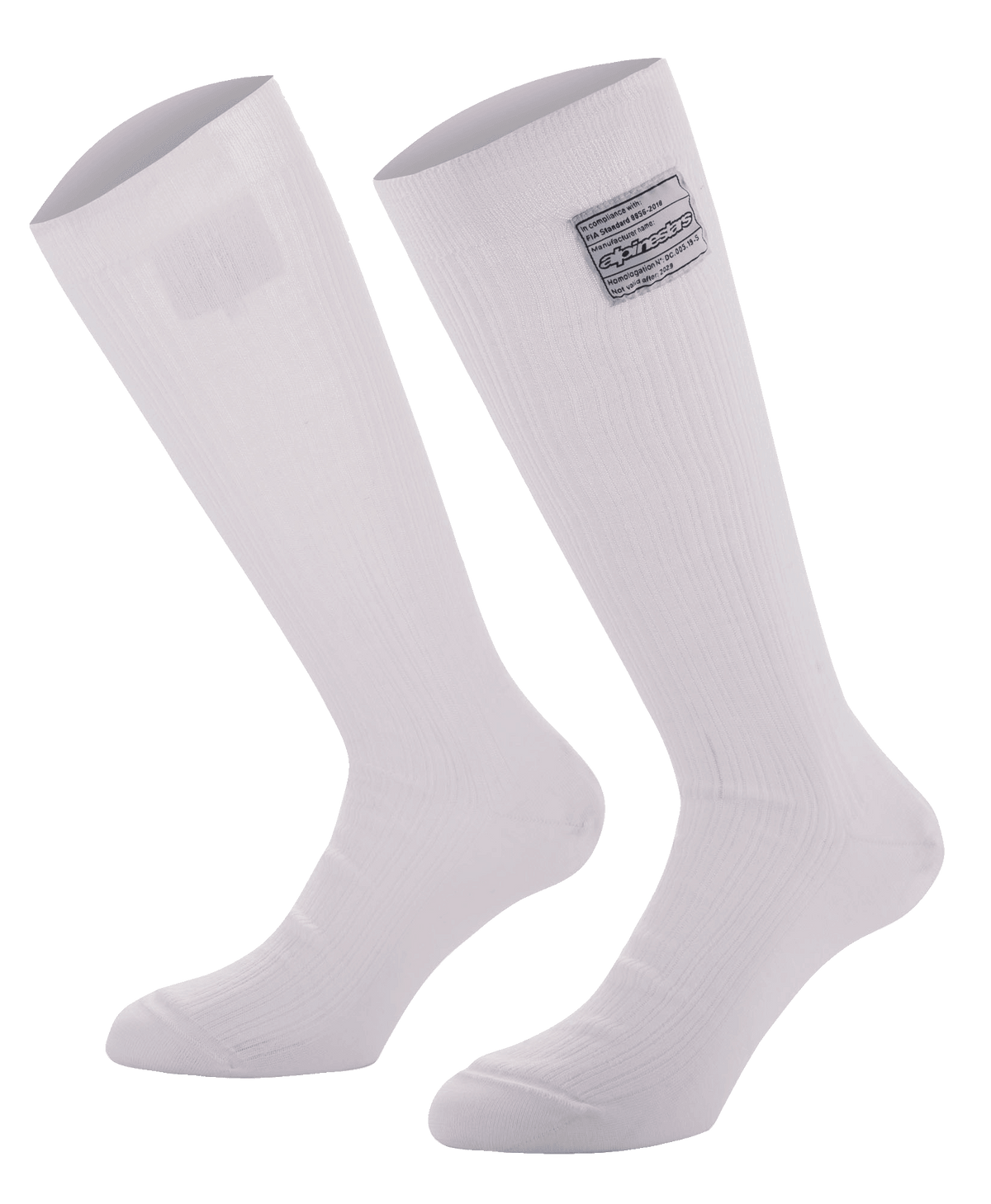 Alpinestars Race V4 Socks, meias brancas de automobilismo até ao joelho, construção em Nomex canelado com etiqueta de certificação FIA, design resistente ao fogo para automobilismo profissional