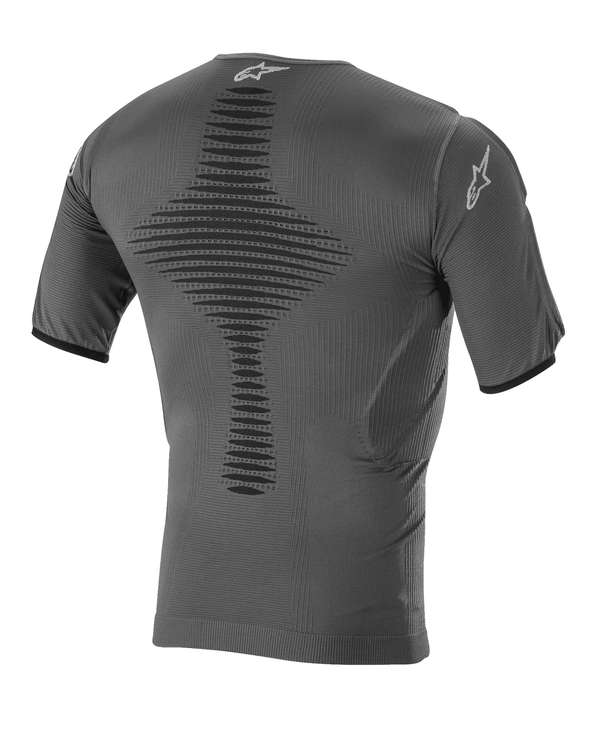 Alpinestars Roost Base Layer Top, camada base de motocross, preto antracite, vista traseira com construção em malha respirável, zona de ventilação central texturizada, mangas curtas e logótipo de estrela da Alpinestars no colarinho e na manga