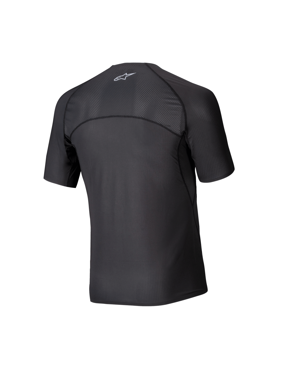 Alpinestars Tech KX Sim Top, camada base de karting de manga curta, preta, vista traseira mostrando painéis de malha respirável nos ombros e na parte superior das costas, construção de costuras ergonómicas, tecido de alta performance com absorção de humidade
