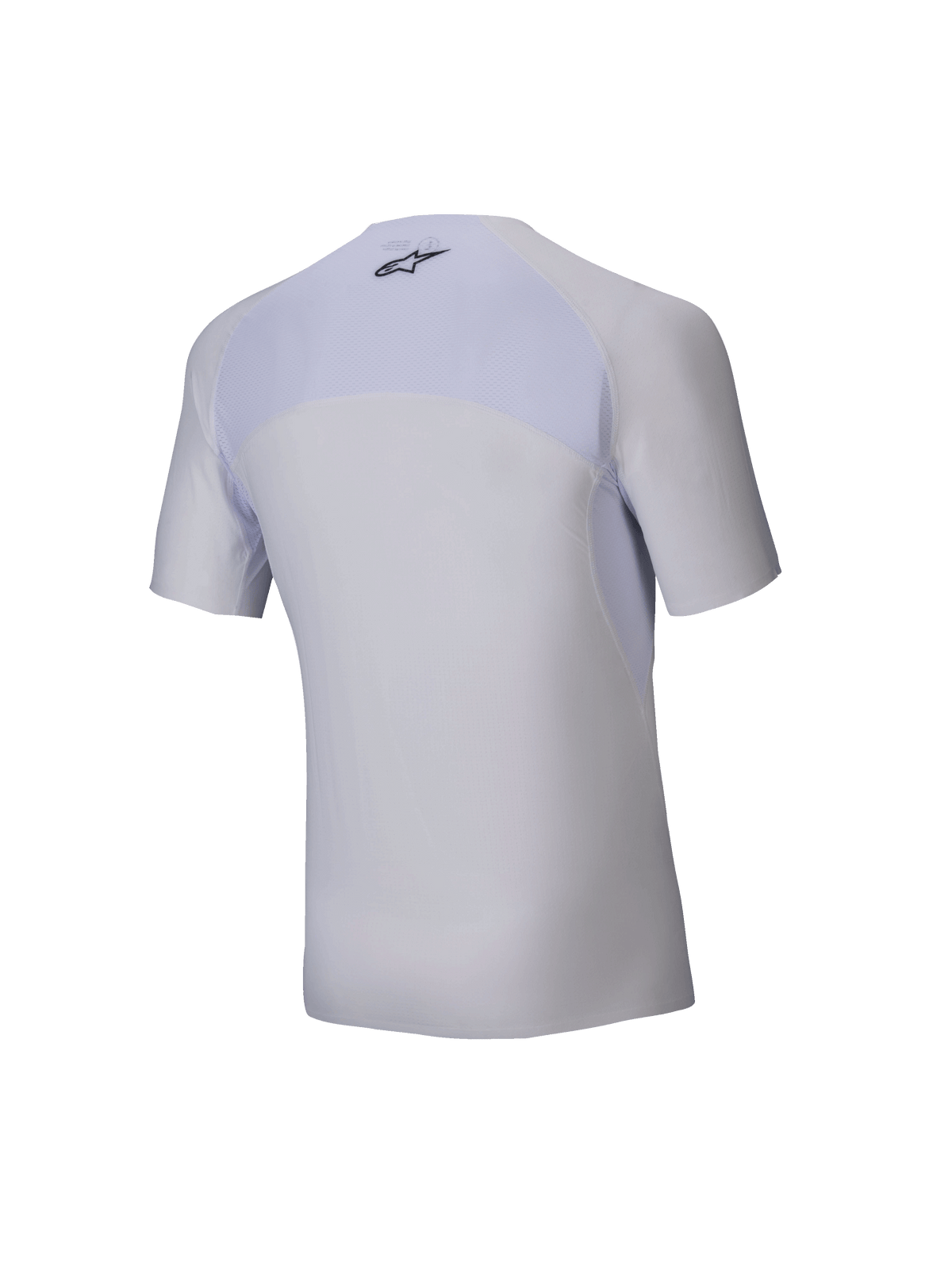Alpinestars Tech KX Sim Top - Manga Curta, camada base de karting branca, vista traseira, apresenta painel superior das costas em malha respirável, logótipo Alpinestars preto na zona do pescoço, material elástico ergonómico para performance em competição