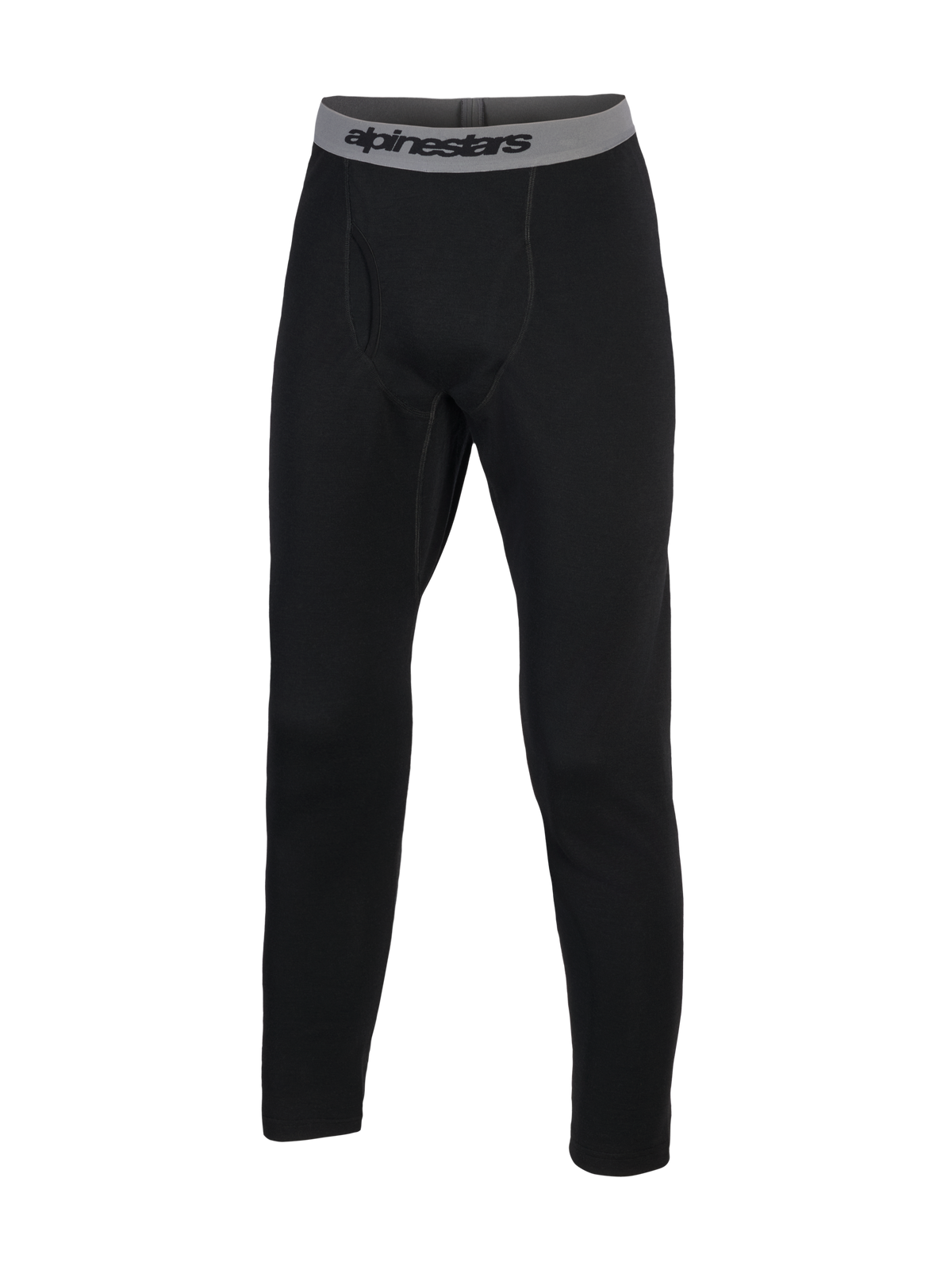 Alpinestars At 8 Merino Bottom, roupa interior técnica preta para moto, cintura elástica cinzenta com branding, construção em lã merino e poliéster