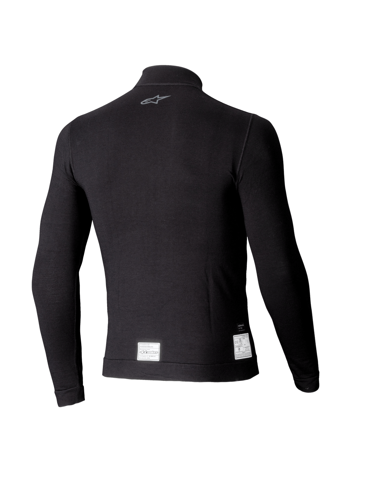 Alpinestars ZX Evo V3 Long Sleeve Top, camada de base preta para automobilismo, vista traseira com um pequeno logótipo cinzento na gola e etiquetas brancas de certificação FIA/SFI na bainha inferior, design leve e resistente às chamas.