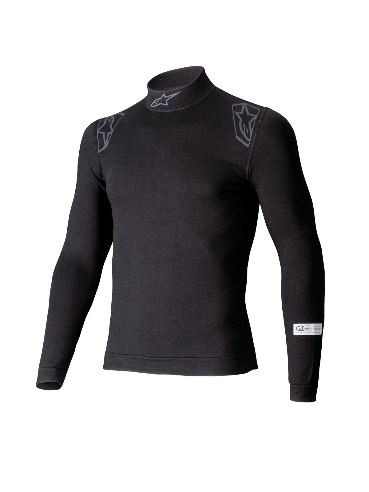 Alpinestars ZX Evo V3 Top, Long Sleeve Auto Racing Base Layer, Black, featuring mock neck with Alpinestars logo, shoulder graphics, and SFI certification tag on the sleeve, professional flame-resistant motorsport underwear