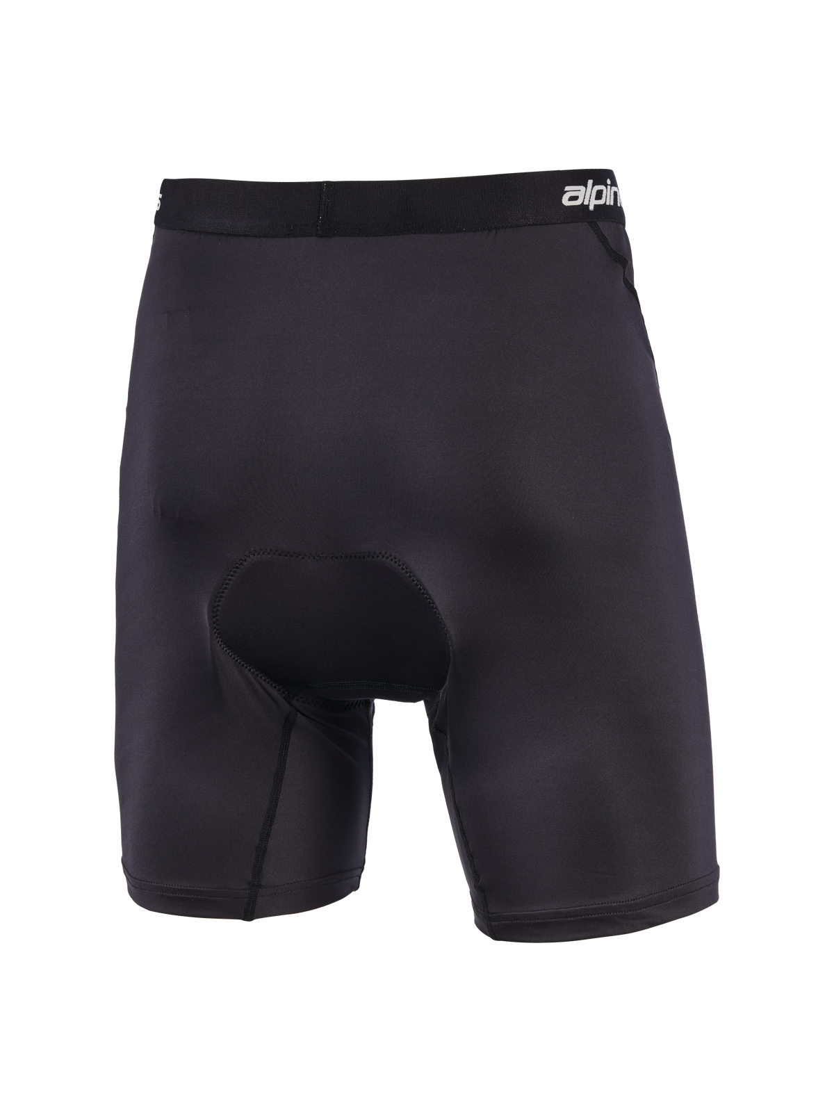 Alpinestars MX Boxer Padded, calções de camada de base acolchoados para motocross, pretos, vista traseira mostrando o acolchoamento de camurça multidensidade no assento, cintura elástica com marca, construção elástica ergonómica para conforto em off-road.