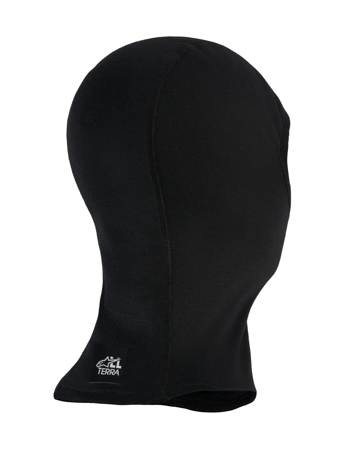 Alpinestars At 8 Merino Balaclava, balaclava de moto preta, mistura de lã merino técnica com pescoço prolongado e logótipo All Terra