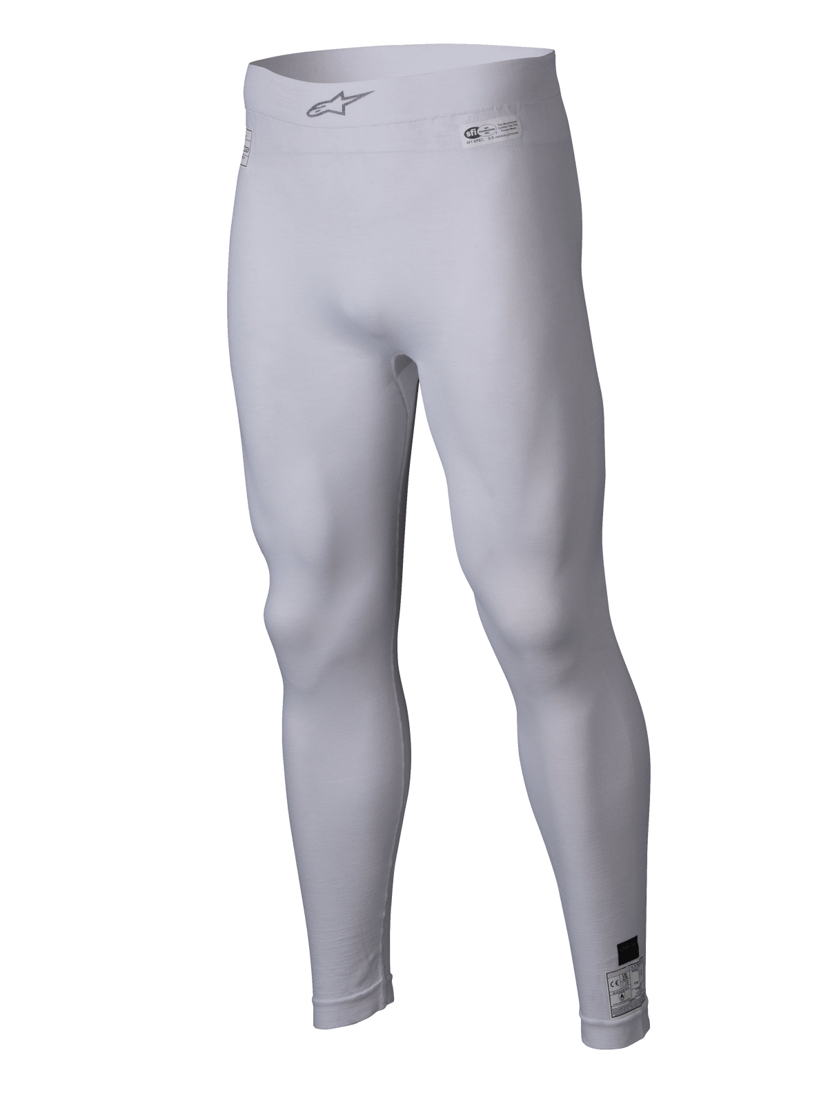 Alpinestars ZX Evo V3 Bottom, White Auto Racing Base Layer, Flame-resistant compression leggings, featuring Alpinestars logo on the elastic waistband and certification labels, lightweight stretchy fabric for motorsport performance
