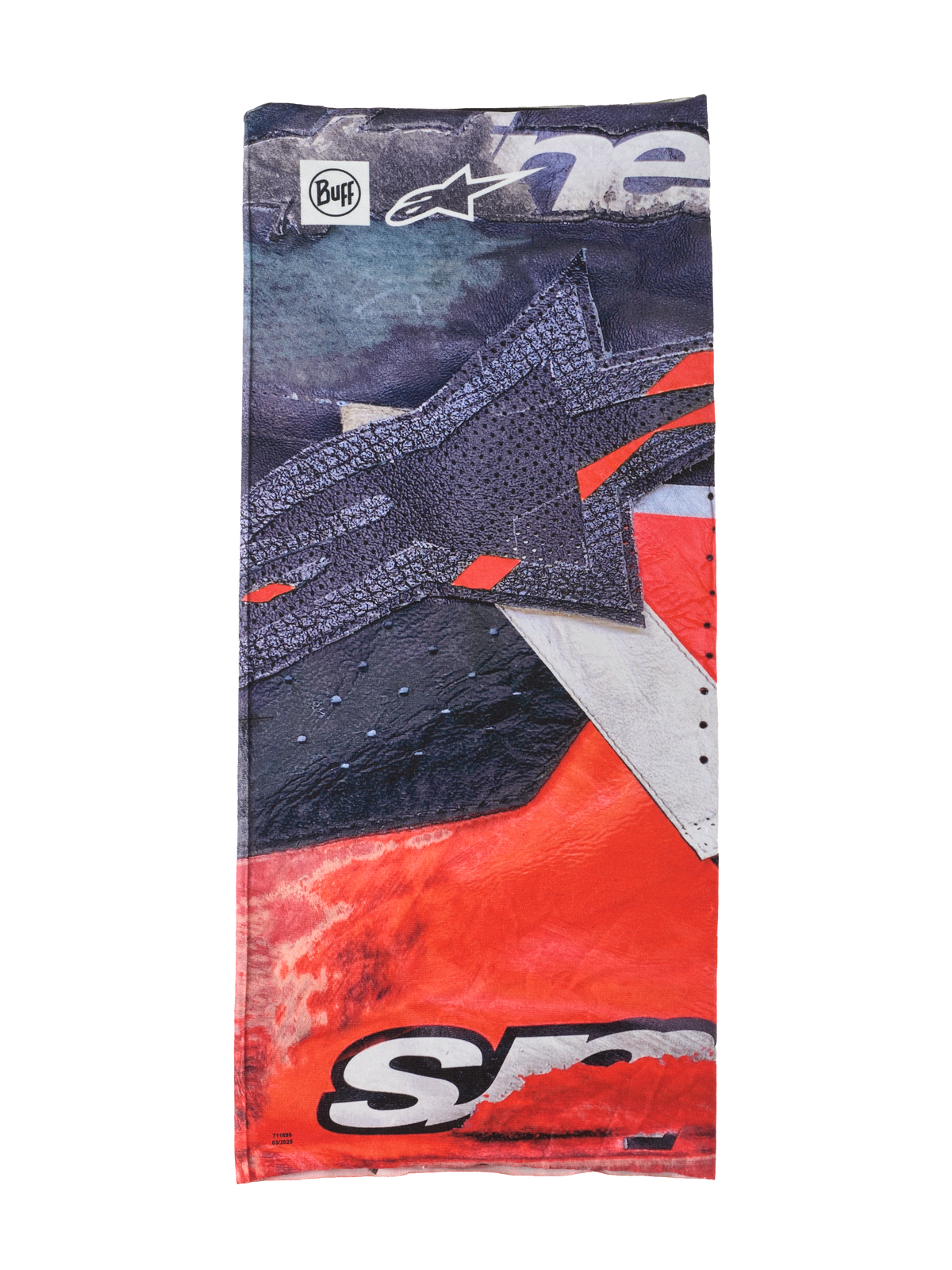 Alpinestars Buff Ignite Neck Tube, gola multifuncional, preto e vermelho vivo com detalhes brancos, com um grafismo de estrela grande, logótipos Alpinestars e Buff, design desportivo para motociclismo