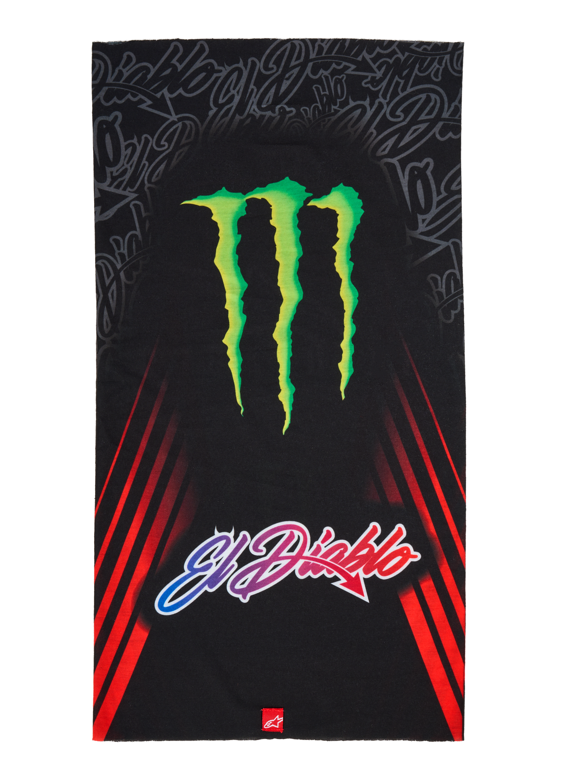 Alpinestars FQ20 Neck Tube Monster, tubo de pescoço para motociclismo, preto com um grande logótipo verde da garra Monster Energy e texto 'El Diablo' em gradiente, riscas de corrida diagonais vermelhas nas laterais, acessório têxtil leve para condução na primavera e no verão
