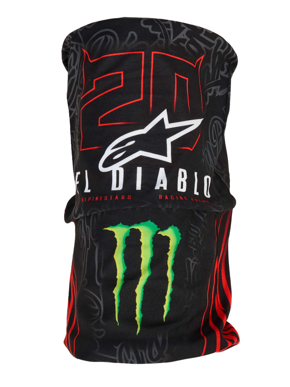 Alpinestars FQ20 Neck Tube Monster, tubo de pescoço leve para motociclismo, preto com grafismos '20' a vermelho e 'El Diablo' a branco, logótipo Alpinestars branco e garra Monster Energy verde, acessório de inspiração racing com textura têxtil sedosa