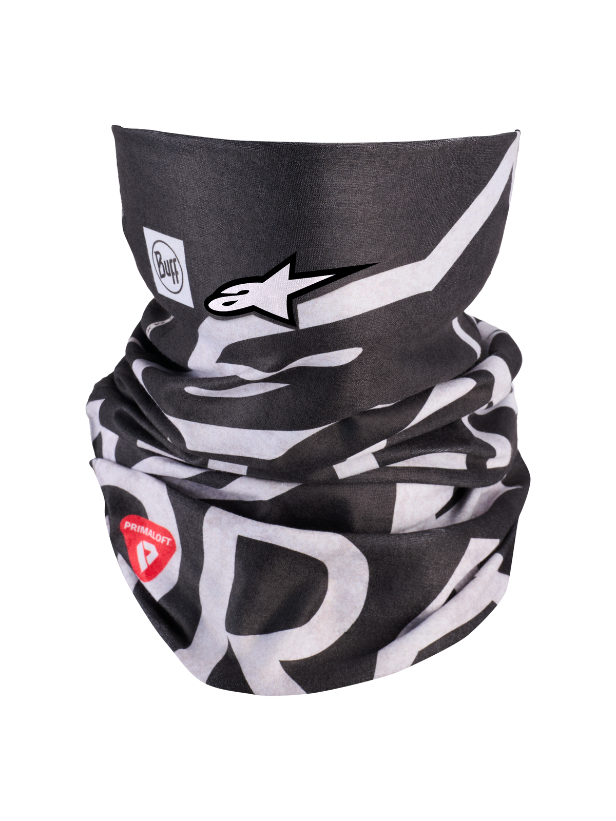 Alpinestars Buff All Terra Primaloft Neck Tube, gola térmica de moto preta e branca com logótipo Alpinestars e marca Primaloft vermelha