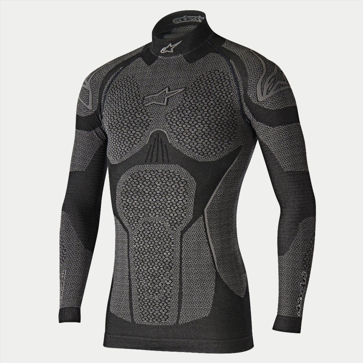 Alpinestars Ride Tech Top Manga Comprida Winter, camada de base para motociclismo, preto e cinzento, top técnico de manga comprida com painéis texturizados de dupla densidade em favo de mel, ajuste de compressão, gola alta com logótipo Alpinestars branco, roupa interior térmica para tempo frio