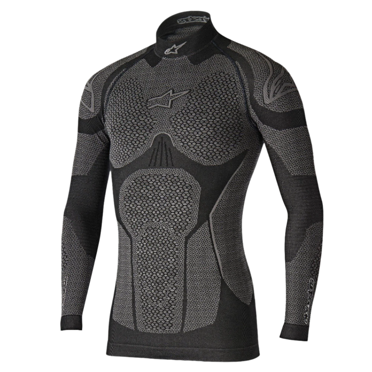 Alpinestars Ride Tech Top Manga Comprida Winter, camada de base técnica, preto e cinzento, com painéis de textura em favo de mel, design de gola alta e ajuste de compressão para condução de motociclismo em tempo frio