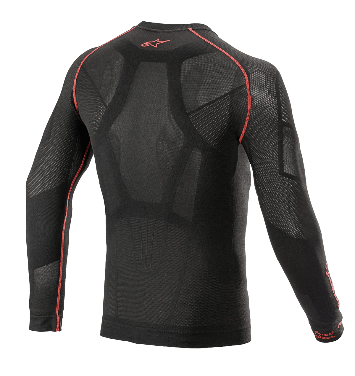 Alpinestars Ride Tech V2 Top Manga Comprida Summer, camada de base para motociclismo, preto e vermelho, vista traseira com construção mapeada e inserções de malha aberta, costuras planas vermelhas e logótipo Alpinestars vermelho no colarinho, camada interior técnica para climas quentes