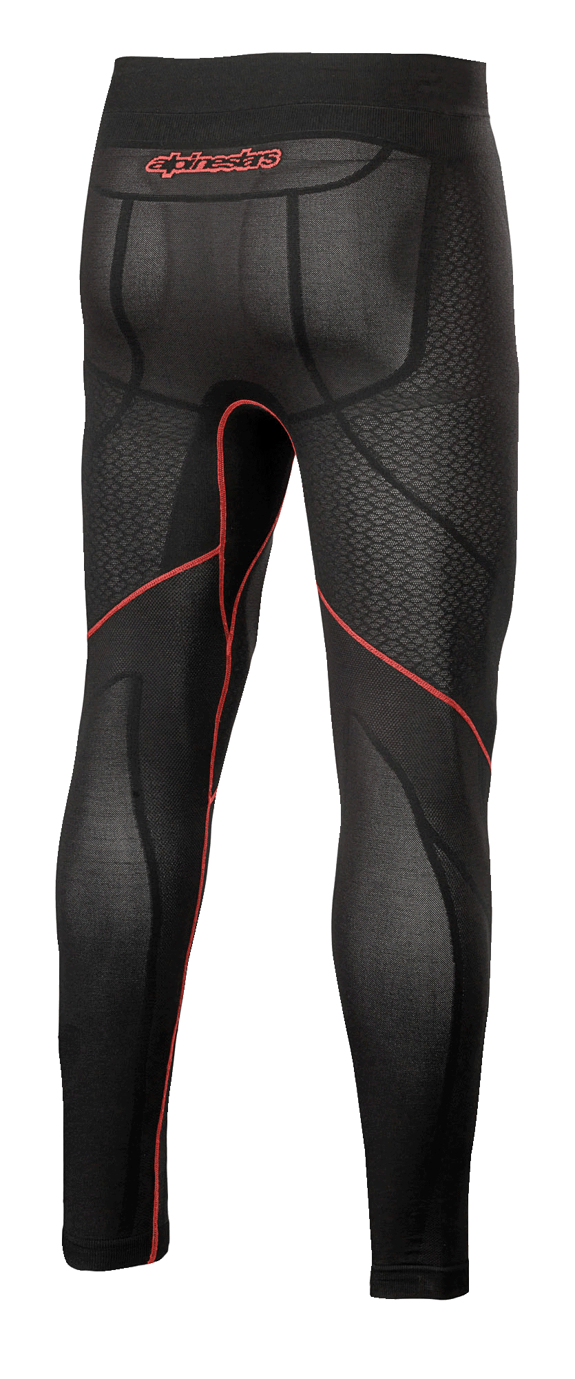 Alpinestars Ride Tech V2 Bottom Summer, calças de camada base para motociclismo, pretas e vermelhas, vista traseira com costuras contrastantes vermelhas, logótipo Alpinestars vermelho no cós e painéis de malha respirável para clima quente