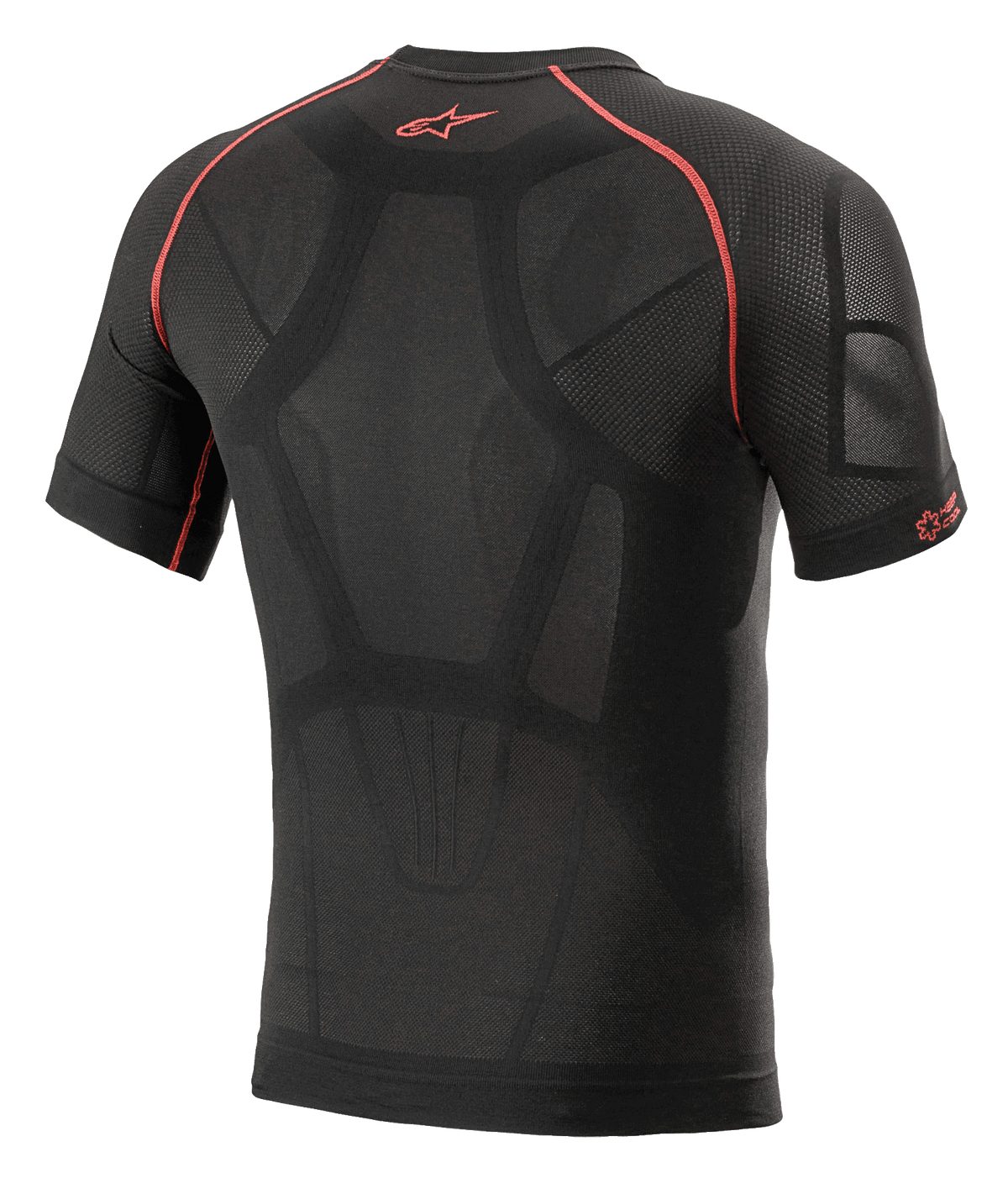 Alpinestars Ride Tech V2 Top Manga Curta Summer, camada de base para motociclismo, preto e vermelho, vista traseira com construção mapeada no corpo, painéis de ventilação em malha, costuras em contraste vermelhas e logótipo Astars vermelho na parte superior das costas