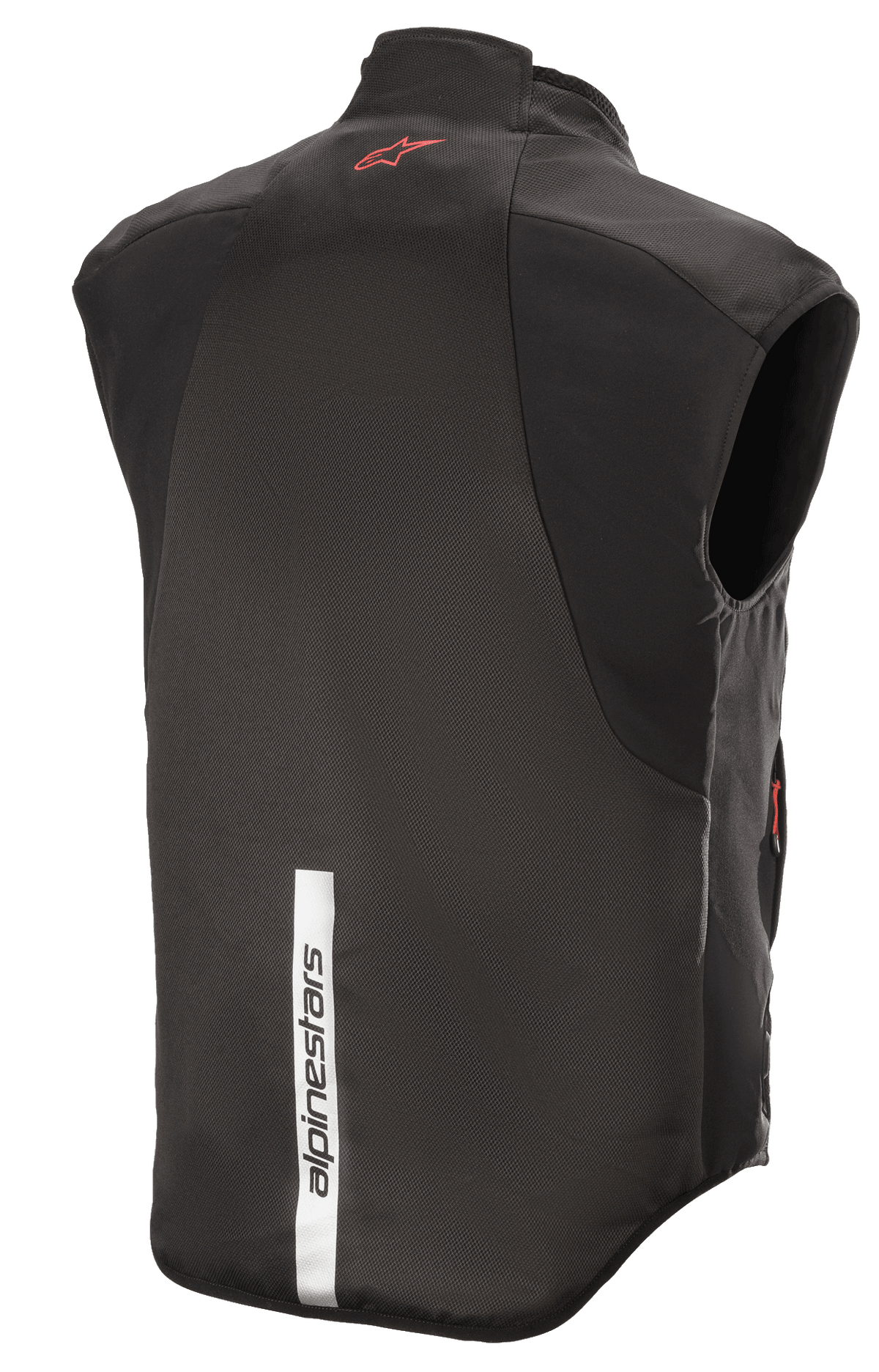 Alpinestars HT Heat Tech Vest, Black, Rear view featuring a red Astars logo on the upper back and a vertical reflective white strip with Alpinestars branding on the lower back, motorcycle heated base layer