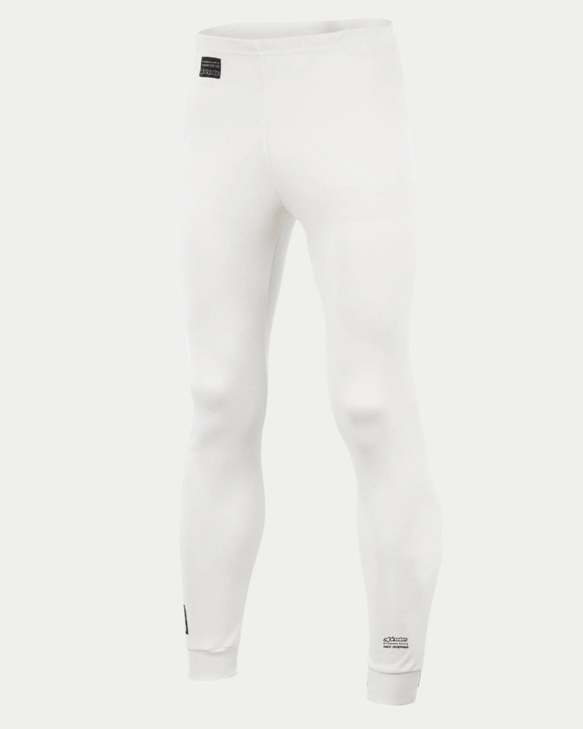 Alpinestars Race Bottom FIA, calças de camada de base para automobilismo, brancas, com etiqueta FIA preta na anca e logótipo na parte inferior da perna, têxtil ignífugo leve e respirável para automobilismo profissional