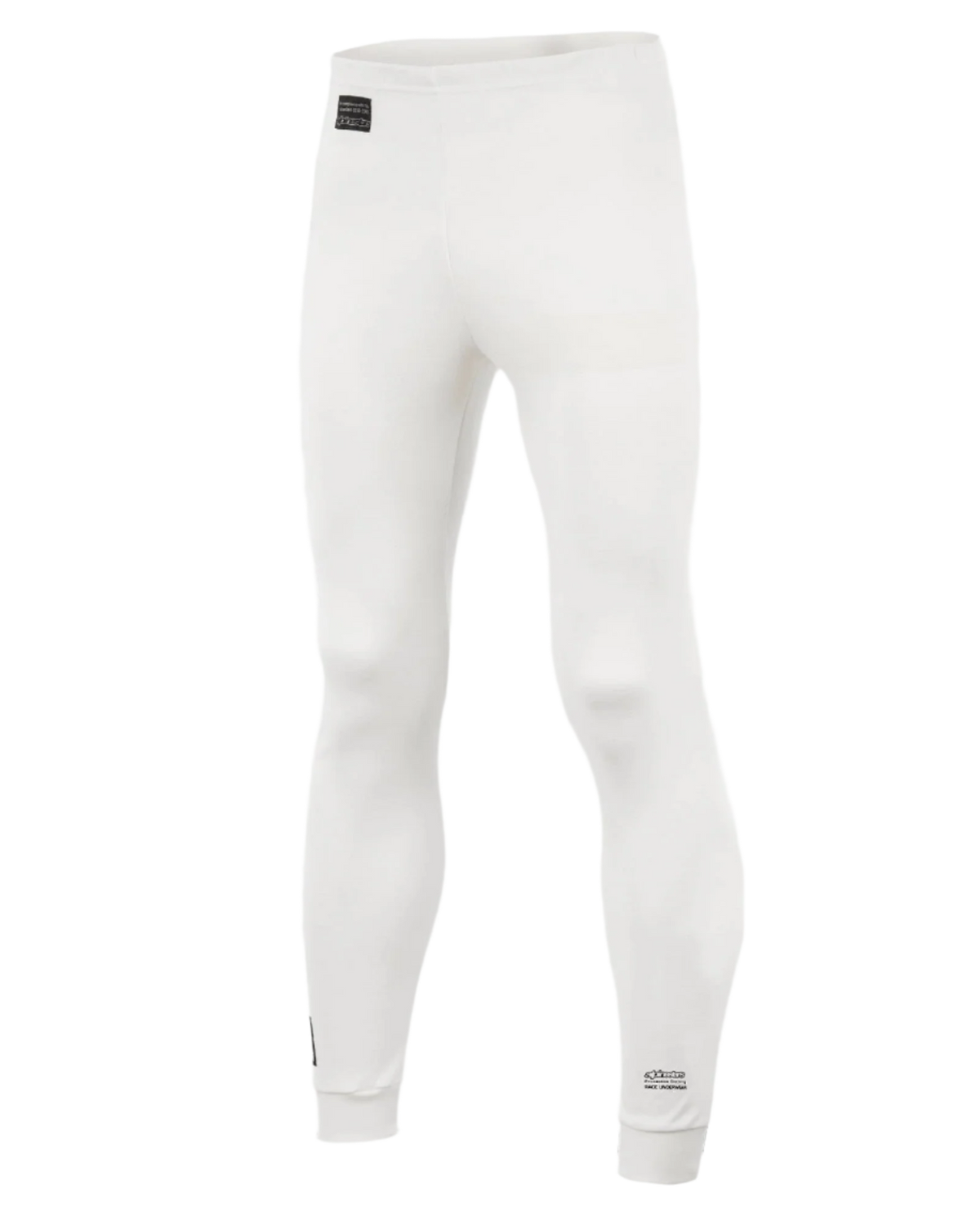 Alpinestars Race Bottom FIA, calças de camada interior técnica para automobilismo, brancas com emblemas do logótipo pretos, tecido leve e resistente ao fogo, concebidas para usar por baixo de um fato de condução