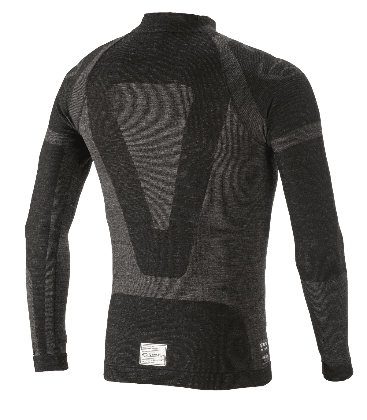 Alpinestars ZX Evo V2 Long Sleeve Top, roupa interior de automobilismo, preto e cinzento, vista traseira com design técnico em jacquard, construção tubular sem costuras e etiqueta de certificação FIA/SFI na bainha