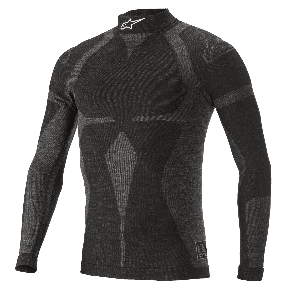 Alpinestars ZX Evo V2 Long Sleeve Top, camisola de base para automobilismo, preto e cinzento, gola alta com logótipo branco, padrão com motivo jacquard, vestuário técnico de corte justo com textura de malha leve