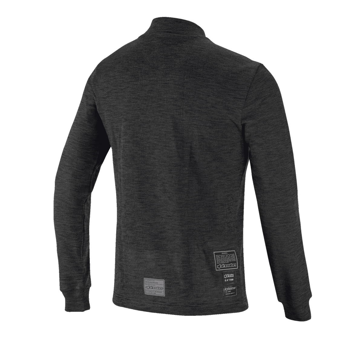 Top de Manga Comprida Alpinestars Race V3, vista traseira, camada de base preta resistente às chamas, com design em malha texturizada, mangas compridas com punhos canelados e etiquetas de homologação FIA na parte inferior das costas.