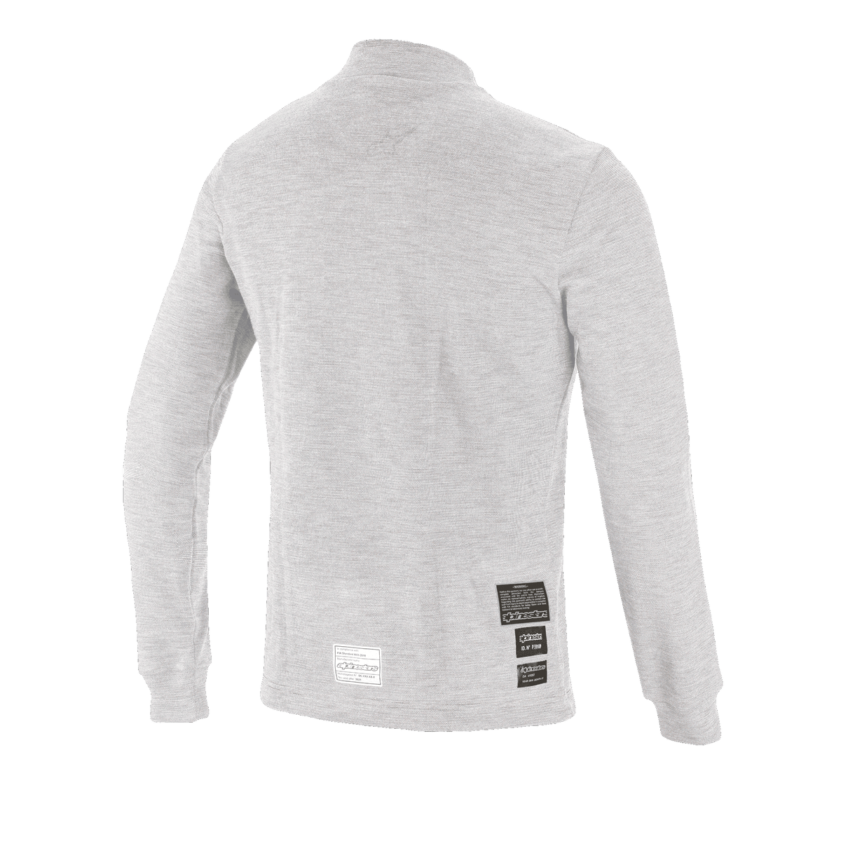 Top de Manga Comprida Alpinestars Race V3, camada base de automobilismo, branco, vista traseira mostrando etiquetas de homologação FIA 8856-2018 na parte inferior das costas, material de textura macia resistente ao fogo para proteção em desportos motorizados
