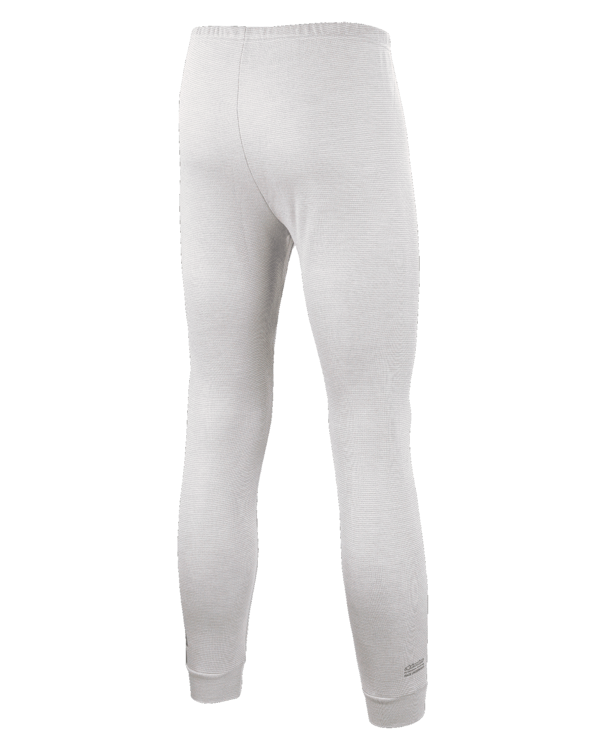 Alpinestars Race V3 Bottom, calças de camada base para automobilismo, brancas, vista traseira com tecido texturizado resistente ao fogo, cintura elástica e punhos dos tornozelos canelados, concebidas para uso profissional em desportos motorizados
