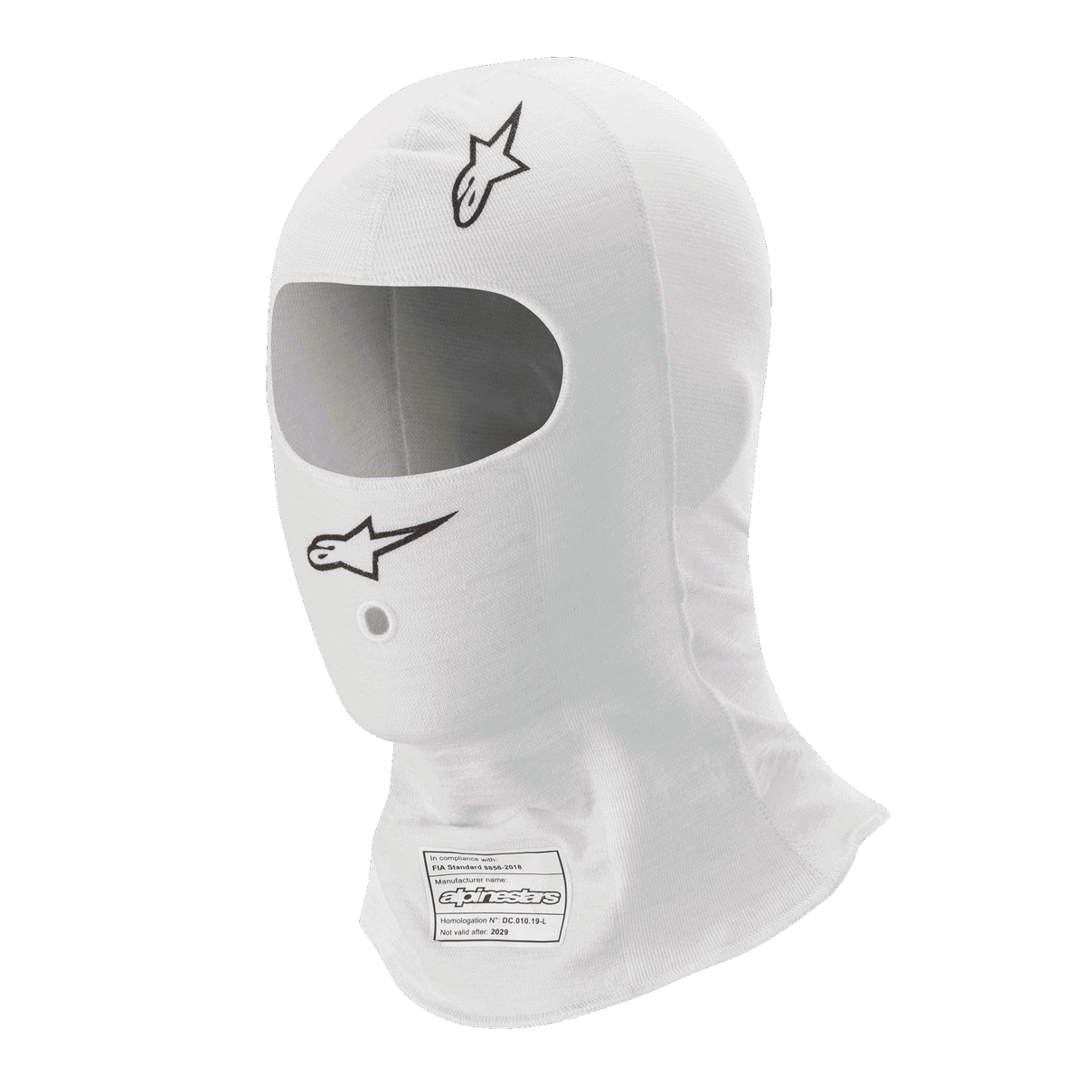 Alpinestars Race V3 Balaclava, White, Auto Racing Head Sock, featuring black Alpinestars logos, large oval eye opening, and FIA 8856-2018 homologation label, lightweight flame-resistant fabric.