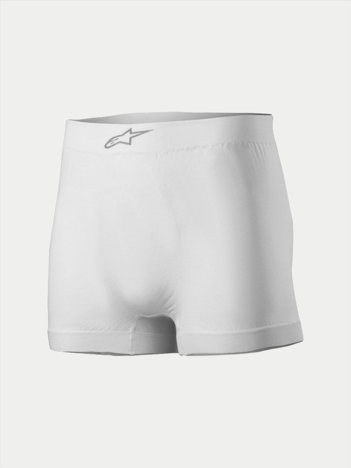 Boxers Alpinestars TECH ZX, roupa interior para automobilismo, brancos, com logótipo Alpinestars prateado no cós frontal, tecido leve resistente ao fogo, camada base para desportos motorizados
