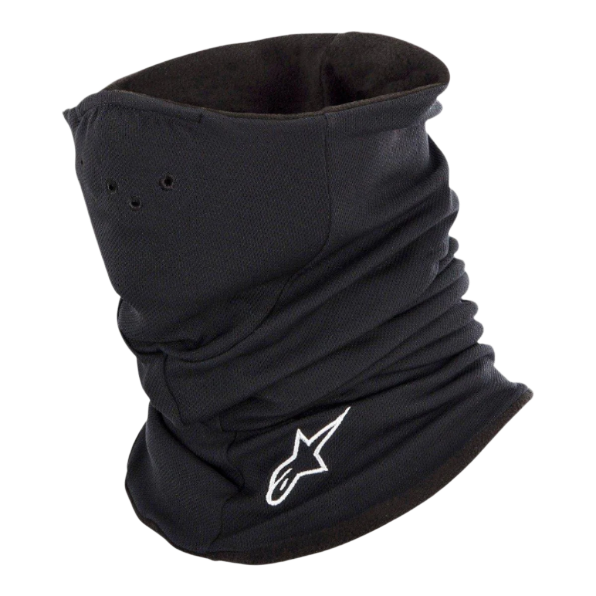 Alpinestars Tech Neck Warmer em preto, gola de pescoço para motociclismo com logótipo branco bordado, com orifícios de ar perfurados e forro de lã de camada dupla para proteção térmica e resistência ao frio do vento