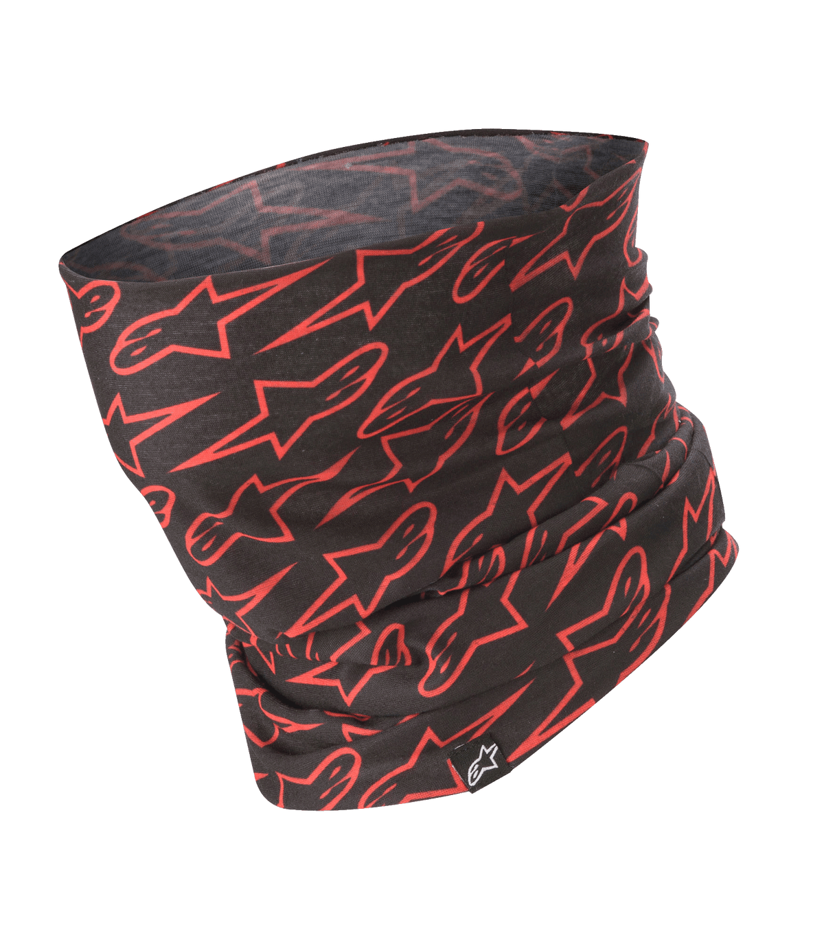 Alpinestars Neck Tube, gola de motociclismo, preta com padrão de logótipos de estrelas vermelhas, tecido leve e sedoso, acessório de camada de base para pilotagem