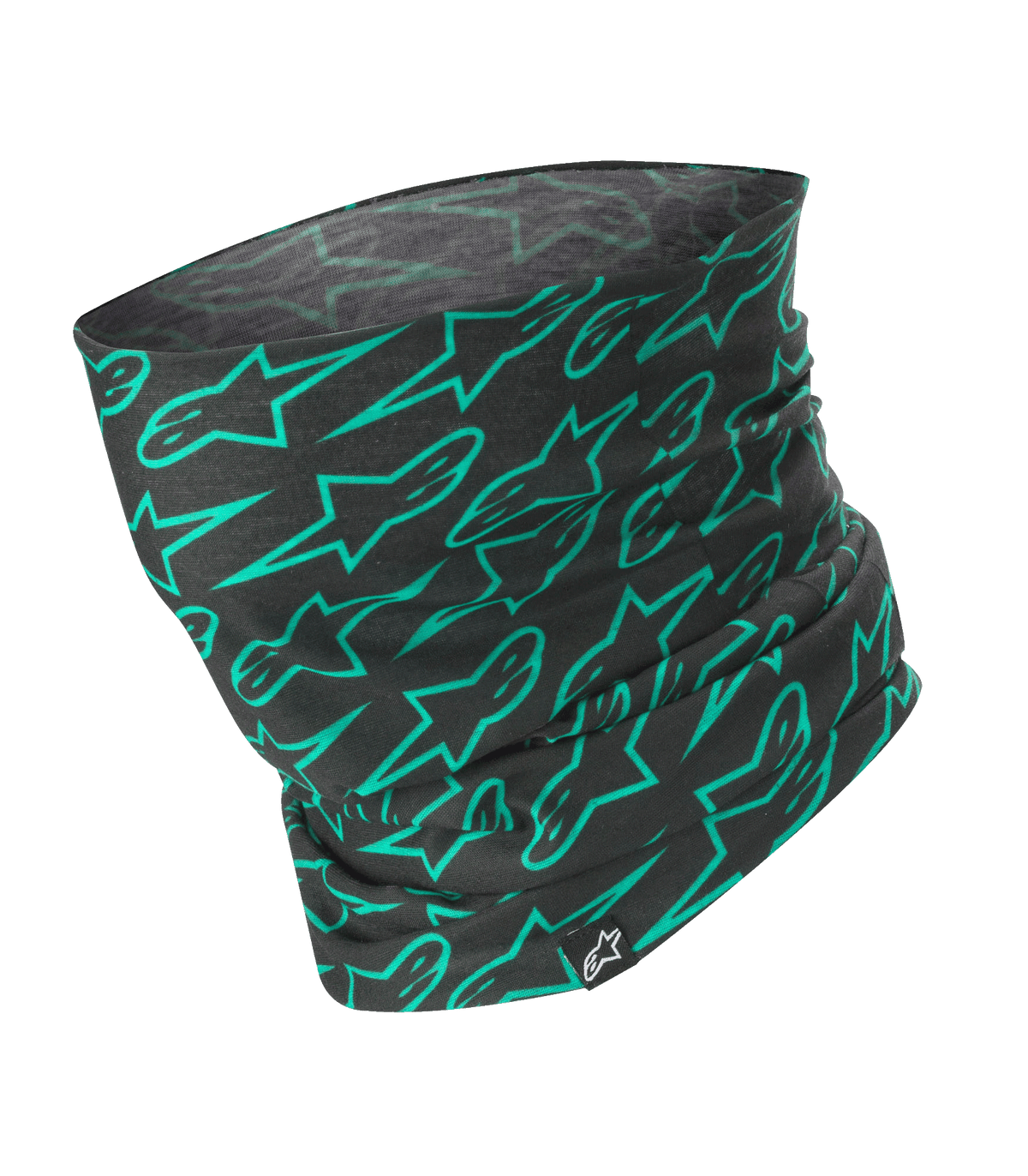 Alpinestars Neck Tube, tubo de pescoço preto com padrão de logótipos Astars em turquesa, gola de motociclismo leve, camada de base sedosa resistente ao vento, acessório de proteção unissexo