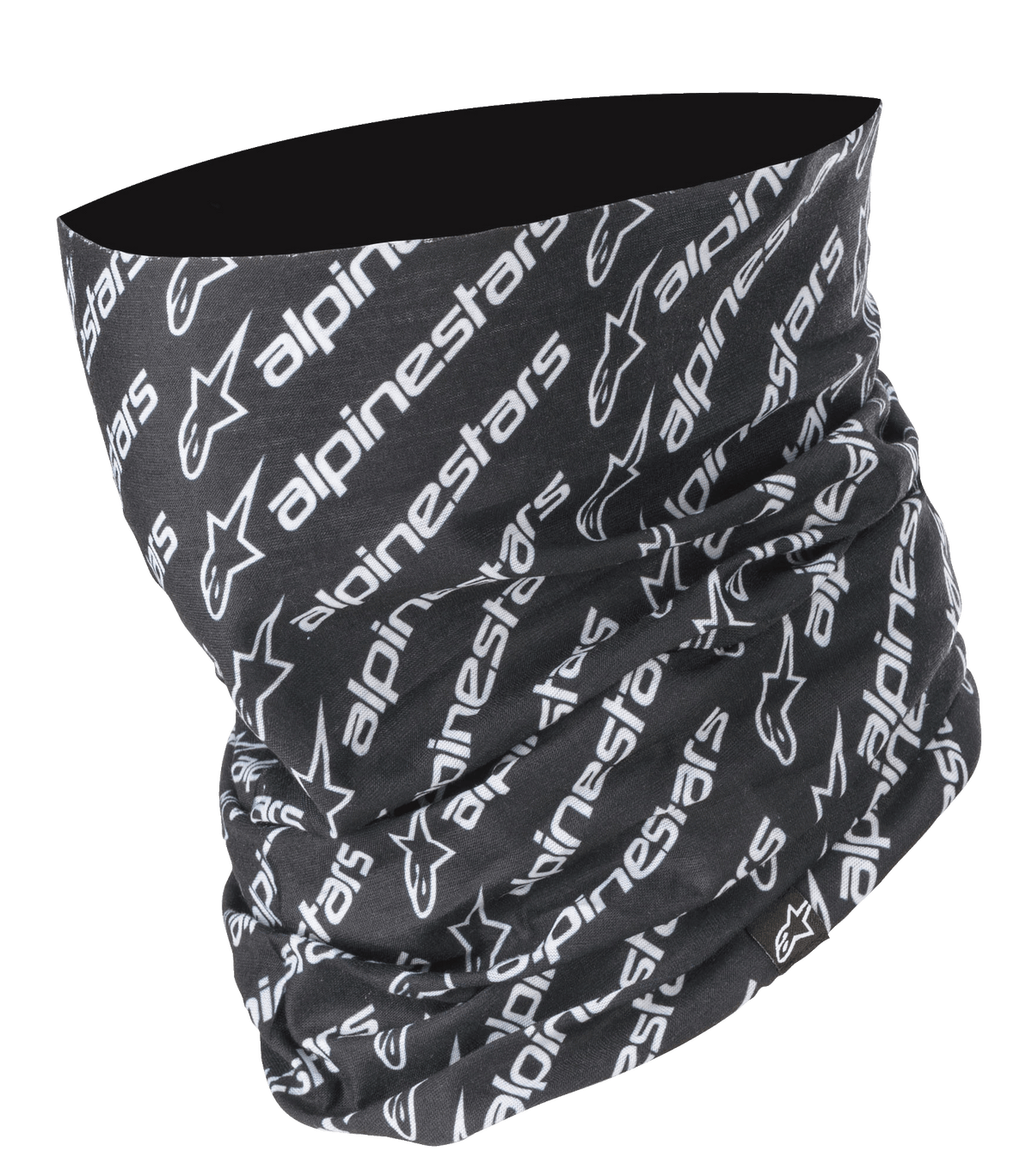 Alpinestars Linear Neck Tube, gola de motociclismo, preto e branco, padrão diagonal repetido com logótipo e texto Alpinestars, construção em microfibra sem costuras, camada de base leve para condução em estrada
