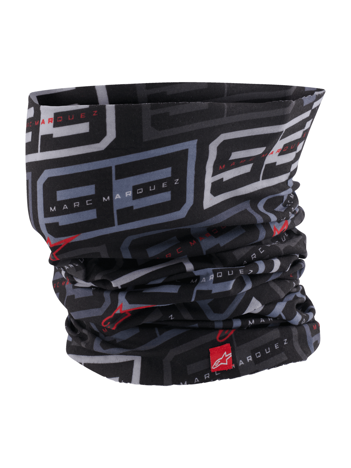 Alpinestars MM93 Neck Tube, gola de pescoço para motociclismo, preto antracite e vermelho vivo, com padrão '93' cinzento recorrente e marca Marc Márquez, logótipos Alpinestars vermelhos, tecido leve e sedoso para condução em estrada na primavera e verão