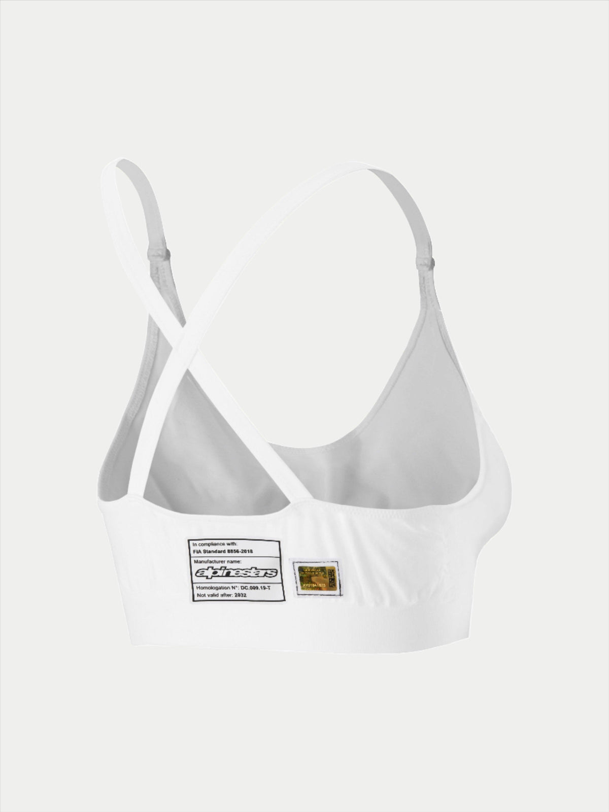 Alpinestars Stella TECH ZX Bra, sutiã de corrida branco resistente a chamas, vista traseira com design de alças cruzadas, inclui etiqueta de homologação FIA 8856-2018 e holograma, camada de base leve de alta performance para mulher