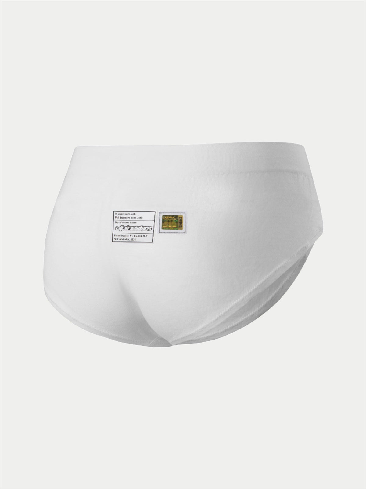 Alpinestars Stella TECH ZX Briefs, roupa interior de competição para mulher, brancas, vista traseira com etiquetas de certificação FIA 8856-2018 e logótipo Alpinestars, camada de base leve e resistente ao fogo para desporto motorizado